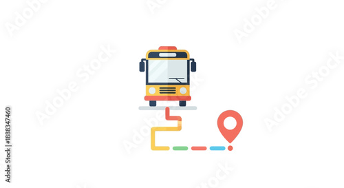 A bus travels along a winding route through a city, indicated by a map pin