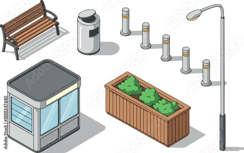 Isometric Park Elements Bench, Trash Bin, Bollards, and More