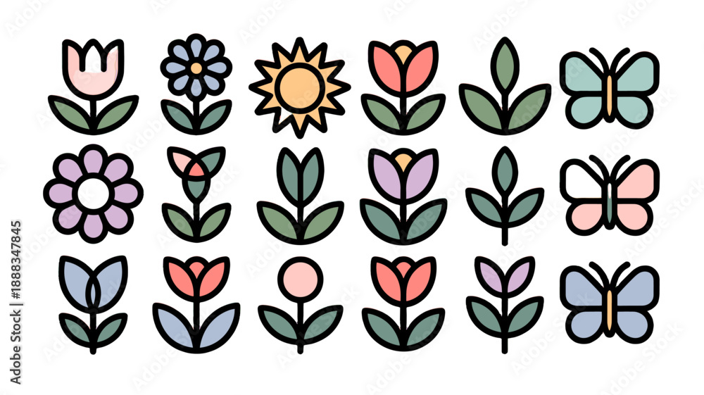 Fototapeta premium A collection of charming and colorful floral illustrations with a playful style.