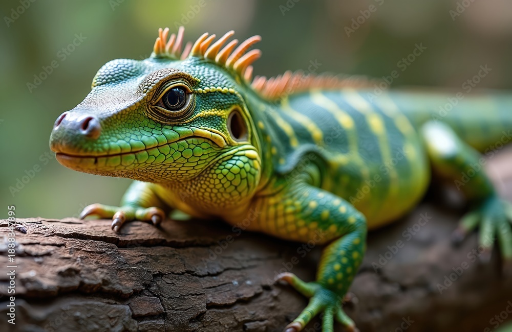 Fototapeta premium Green lizard with yellow stripes rests on tree branch in forest. Its scales have intricate patterns and orange crests run along its spine. Reptile eyes keenly observe surroundings in natural habitat.
