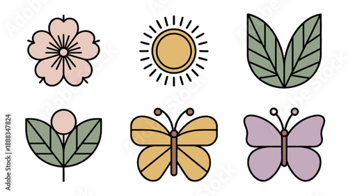 A collection of beautifully designed line art elements featuring a flower, sun, leaves and butterfly.