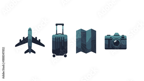 Travel essentials: Airplane, luggage, map, and camera.