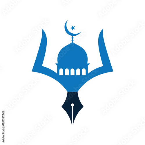 Islamic mosque dome with crescent moon and star symbol on fountain pen nib isolated on transparent background