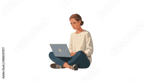 A woman is sitting on the ground with a laptop.