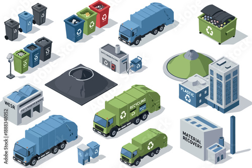 Isometric Recycling and Waste Management Icons and Vehicles Illustration