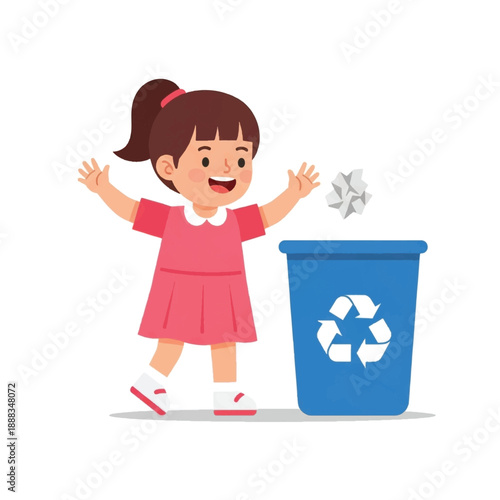Little girl throwing away recyclable paper.