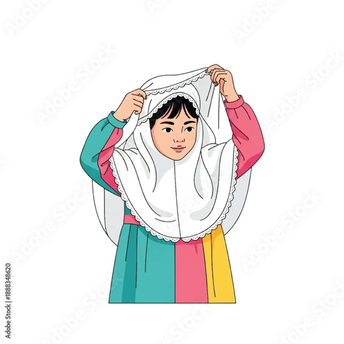 Woman putting on white headscarf slowly.