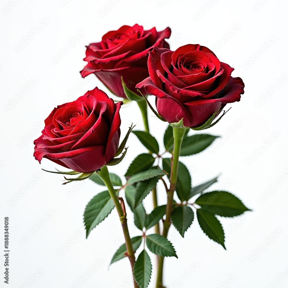Naklejka premium Three perfect red roses with green stems and leaves isolated on a clean white background. They represent love and romance in a simple, elegant way.