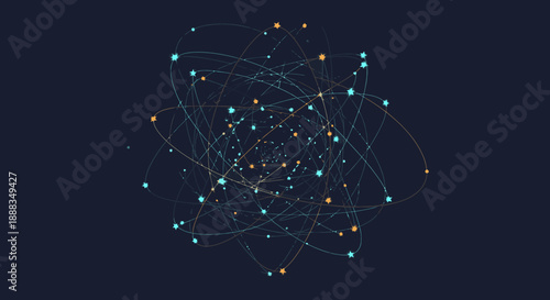 An intricate digital network of glowing spheres and connecting lines forms a dynamic, abstract representation of technology, data, and scientific concepts.