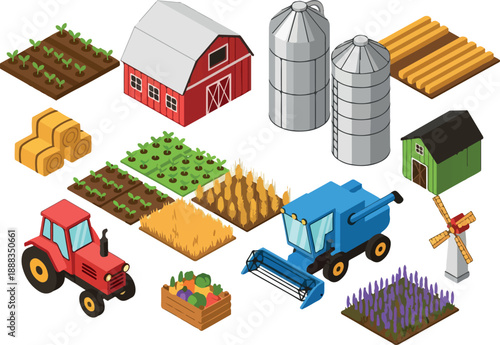Isometric Farm Scene Illustration with Tractor and Crops