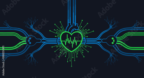 A glowing human heart with an ECG, integrated into complex digital circuits and neural pathways, symbolizes biotechnology and future health.