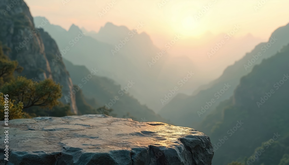 Fototapeta premium Rocky ledge overlooks misty mountain valley at sunrise. Gentle sun rays illuminate vast mountain range with layers of peaks. Nature outdoor calm landscape.