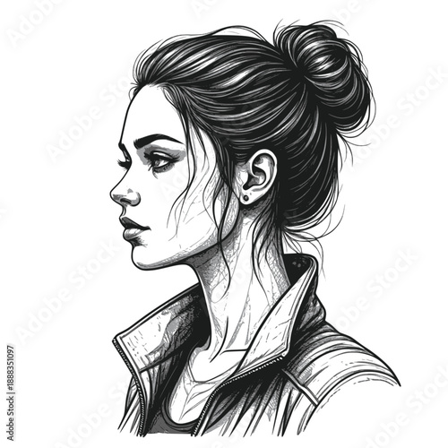 Black and white line sketch portrait of a beautiful sports woman with messy hairstyle. Character design. Transparent background SVG version.