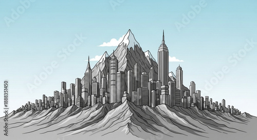 Futuristic cityscape on mountain peak with skyscrapers and blue sky background