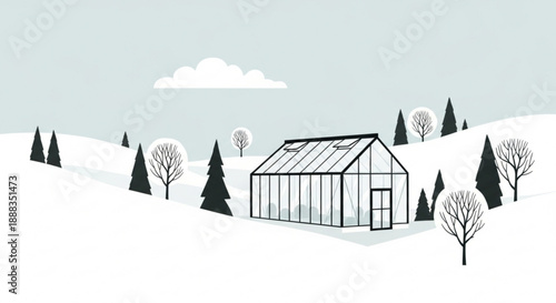 Glass greenhouse standing alone in snowy landscape with trees and cloudy sky