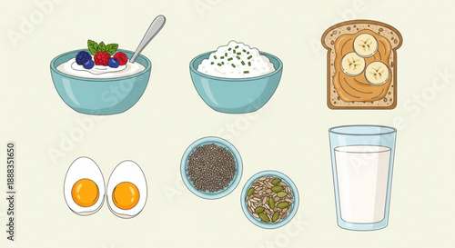 Healthy breakfast ingredients including eggs milk toast oatmeal and fruit on a table
