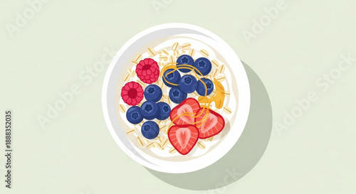 Bowl of oatmeal with blueberries raspberries and strawberries on a light green background healthy breakfast concept