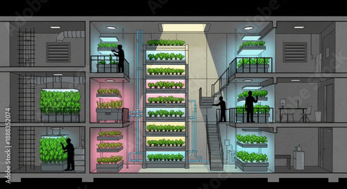 Vertical farm interior with multi level hydroponic plant shelves and people