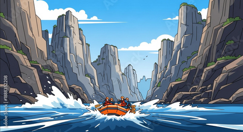 Speedboat navigates through rugged coastal cliffs on a sunny day with passengers