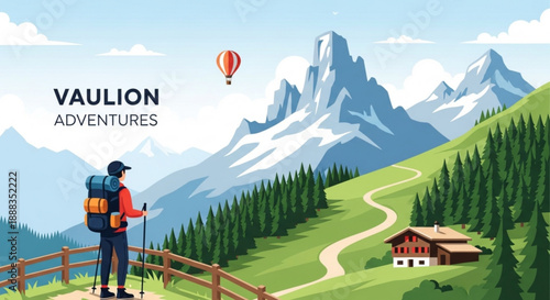 Hiker with backpack and trekking poles stands on mountain viewpoint overlooking scenic valley with cabin trees and majestic snow capped