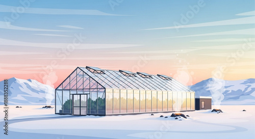 A serene snowy landscape with a large glass greenhouse at sunset or sunrise surrounded by snow capped mountains and a clear blue sky