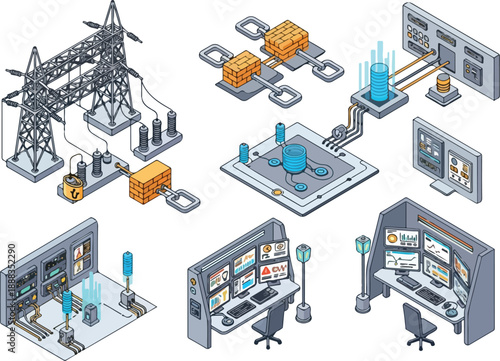 Isometric Illustration of a Smart Power Grid and Energy Control System