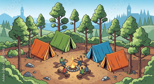 People camping in forest with colorful tents and campfire serene natural scenery