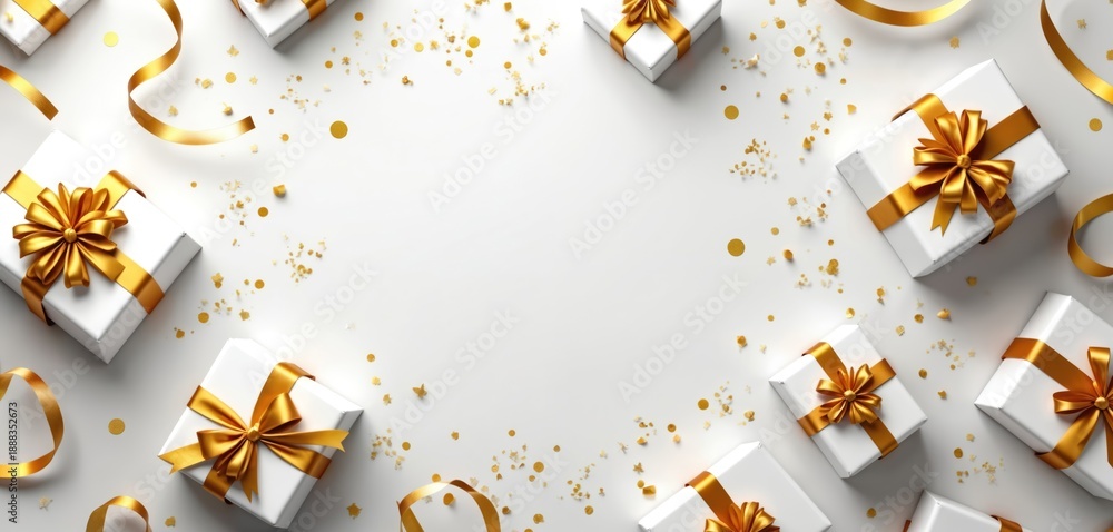 Obraz premium White gift boxes with gold ribbons and confetti are scattered on a clean white surface. Festive surprise presents imply celebration. Luxury items are waiting to be opened.