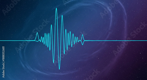 Glowing blue sound wave on dark gradient background with swirling patterns