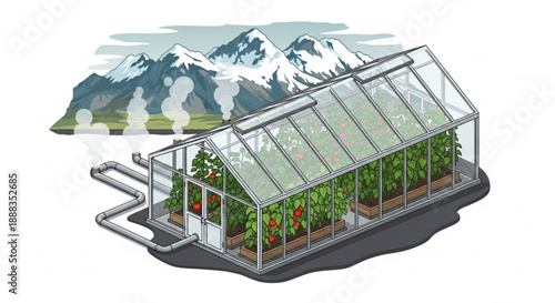 Greenhouse with plants and mountain background eco friendly gardening concept with sustainable agriculture and natural scenery