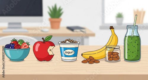 Healthy office desk snacks with fruit yogurt nuts and smoothie