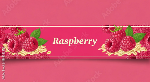 Raspberry label with fresh raspberries and green leaves on a pink background