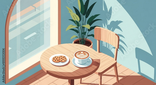 Cozy breakfast nook with wooden table latte and cookie by a sunny window with plant
