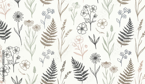Meadow Wildflower Seamless Line Pattern