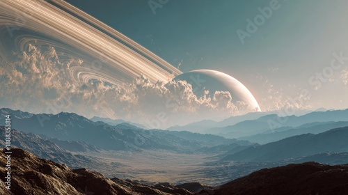 Majestic View of a Planet with Ring System Over a Mountainous Landscape in Deep Space