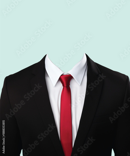 A black suit jacket with a red tie and white shirt on a transparent background