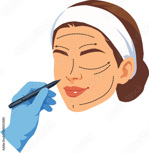 Facial Plastic Surgery Marking Procedure Vector Illustration on Female Face