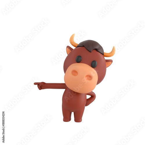 Cute 3D render Bull character pointing to the side with one hand while the other rests on the hip, confident and instructive pose, isolated on white background.