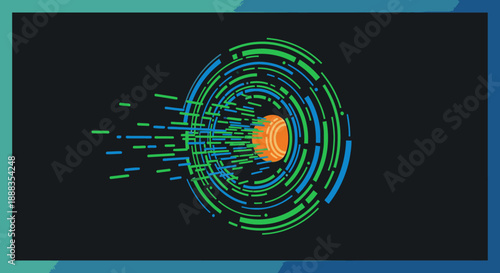 A dynamic abstract illustration showcasing rapid digital data flow and technological innovation with vibrant concentric lines radiating from a central core.