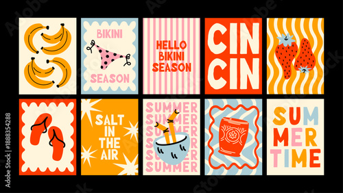 Ocean vibe wall art featuring bikinis, sunny shores and playful summer elements. Minimalist cartoon posters perfect for prints, wallpapers and postcards.