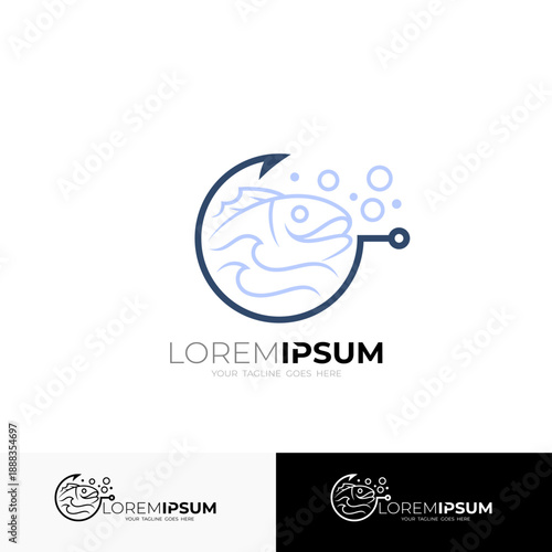 logo of a swimming fish and a fishing hook, fishing logo