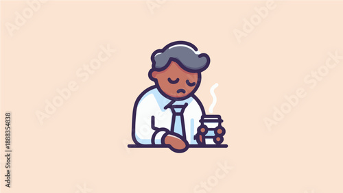 Tired Office Worker Holding Coffee Cup, Exhausted Businessman Cartoon Illustration