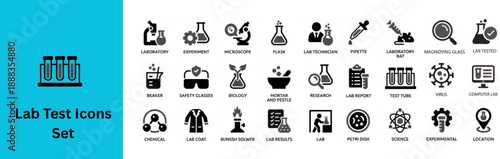 Silhouette vector of Laboratory Test Icon Set. Science lab icon set. Chemical laboratory equipment, biology research tool, test tube, microscope, pipette, lab flask, scales, beaker