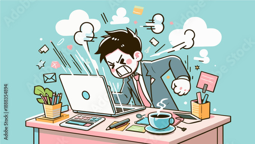 Angry Businessman Working on Laptop, Office Stress and Work Pressure Cartoon Illustration