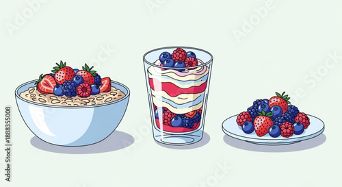 Mixed berries in bowl glass and plate with yogurt and oatmeal on light background