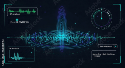 Futuristic data visualization with blue waveforms and sound frequency analysis on dark background representing digital signal processing