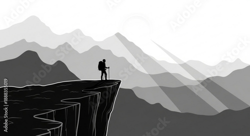 Hiker standing on cliff edge with backpack and trekking pole gazing out at majestic mountain landscape dramatic monochrome illustration