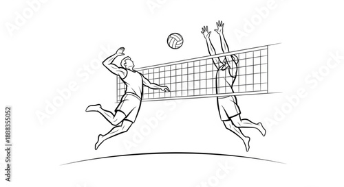 Volleyball players in action jumping and spiking ball at net dynamic black and white illustration athletic scene