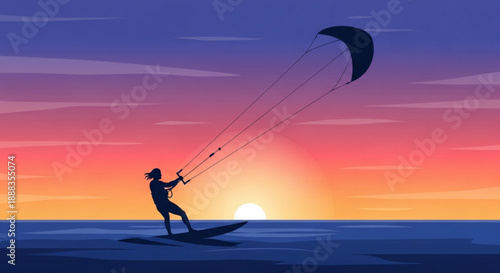 Person kitesurfing on calm water with vibrant purple orange and pink sunset background silhouette serene atmosphere water sports adventure