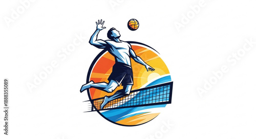 Volleyball player in mid air spiking ball over net dynamic illustration with vibrant colors and energetic pose perfect for sports themes